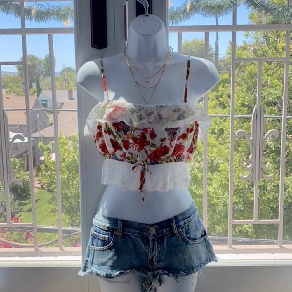 90s Y2K Coquette Red Floral Lace Bandeau Tube Crop Top S M